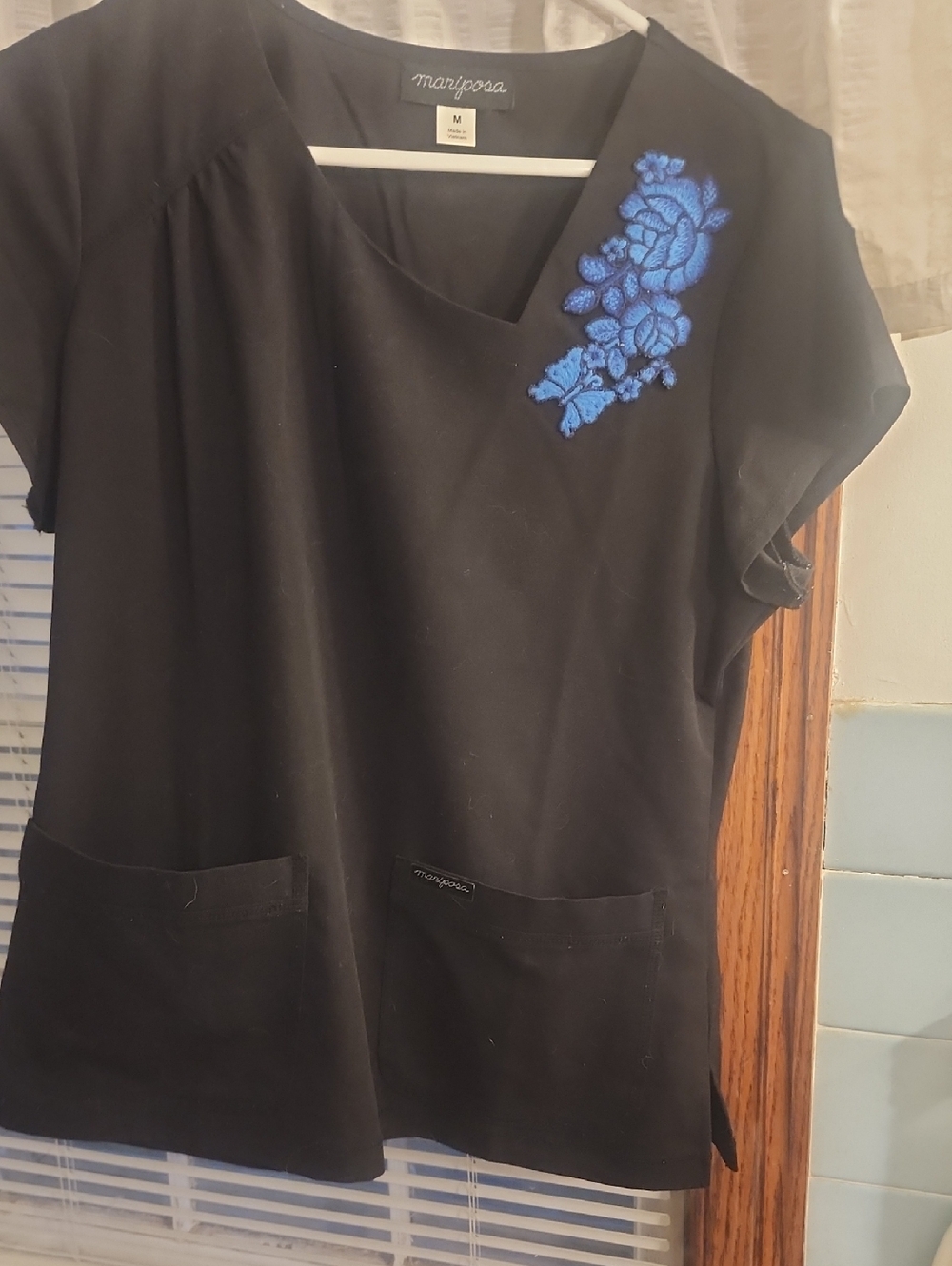 Mariposa Black V-Neck Tunic with Blue Floral Embroidery